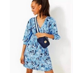 Lilly Pulitzer Cass Mini Dress Floral Printed Cotton Beach Blue Resort M 288287